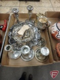 Metal pieces, sterling and silver plated, candle holders, handled cookie/candy tray,