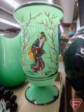 Green with white interior Kameiglass vase, green glass vase with Oriental/cherry blossom design,