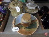 Painted centerpiece bowl with handles signed Bartlett, (2) crocks with covers, one with chip, and