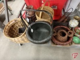 Assortment of woven baskets, carriers, vases, bowls