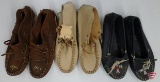 Leather moccasins, various styles and sizes, most are Minnetonka Moccasin, in tote with cover