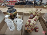 (2) Japanese Leo Shishi Dragon Lion dog figurines, (2) Victorian figurines, (2) cloisonne vases, and