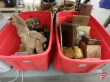 Plush bears and rabbits, Harrods, and assortment of wood items, boxes, music box, vases,