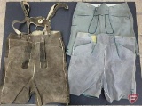 (3) Suede lederhosen shorts, Sizes 52, 56, and one unmarked, lederhosen pants size 56 and 28,