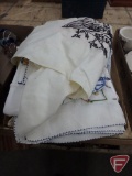 (2) night shirts/gowns, apron, table scarf, embroidered and crosstiched items