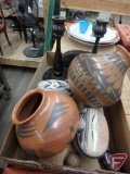 Wood candle holders, (2) covered trinket boxes, (2)round-bottomed vessels,