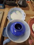 Blue ceramic/porcelain pieces, Lifton plate with gold accent, bowl, vase marked Fort Tigonderoga,