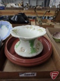 Los Angeles Potteries serving dish with matching bird figurine, Verus porcelain ladies cuspidor, and