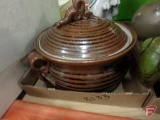Brown covered casserole dish, rabbit pitcher marked Italy 5/6361, grasshoper planter marked Arnels,
