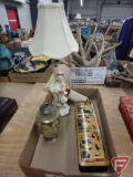 Oriental porcelain table lamp, Oriental hinged box, and a painted decorative vessel