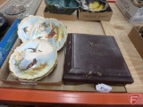 Limoges bird collector plates and Chinese wood box with porcelain fitted dish set