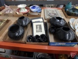 Mata Ortiz Black on Black owl and (2) snake pottery bowls, smaller lizard bow by Jose Quezada,