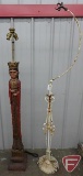 Ornate iron bird cage stand, has rusting, and ceramic figure floor lamp, figure is 53inH, some chips