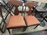 (2) larger 37inHx20inW wood chairs with orange/rust upholstered seats, one with hole in top, Both