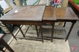 Wood 3 piece nesting tables, largest is 23inHx22inWx26inD, some scratches, caning has damage