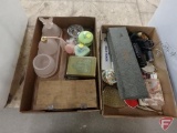 Dresser sets, trinket boxes, ring holder, picture holder, vintage curling iron, Both boxes