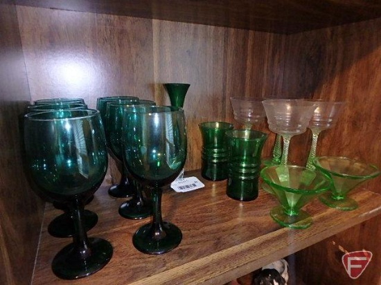 Green glass, goblets, vases, dessert cups, All on shelf