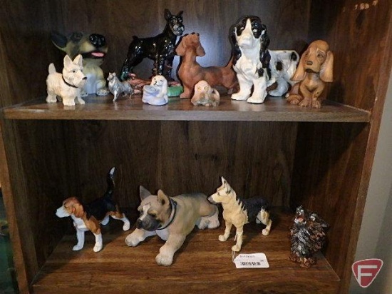 Dog figurines, both shelves