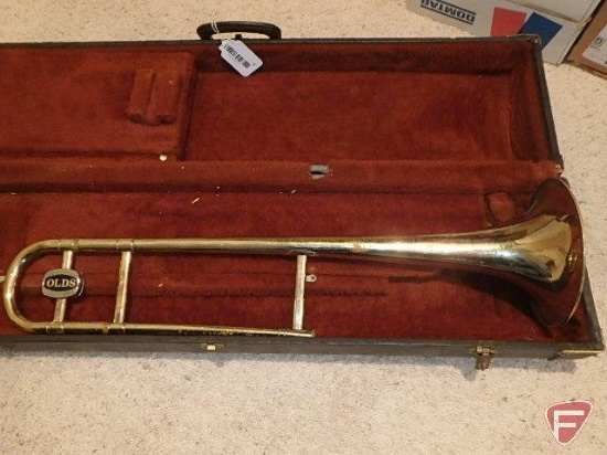 Vintage trombone, Olds Ambassadors, Fuhlerton California, in case, appears complete