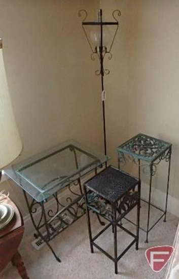 Metal/glass, (2) metal plant stands, metal magazine rack with glass top, and floor candle lamp,