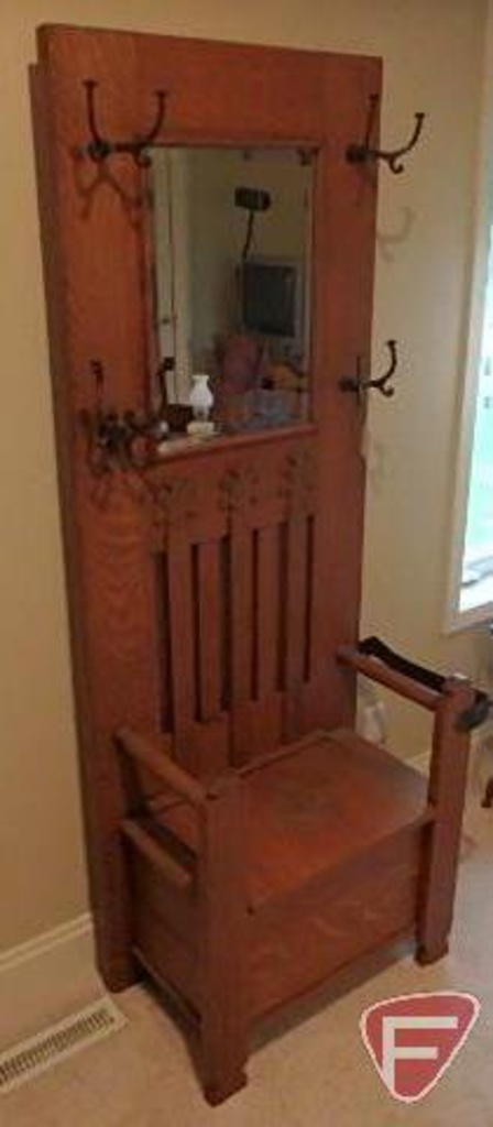 Wood Hall Tree Bench With Meta Auctions Online Proxibid Wood Hall Tree Bench With Metal Hooks Mirror And Storage 77inhx29inwx16ind
