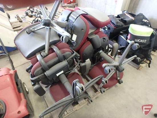(5) office chairs on rollers, maroon upholstery, some with armrests