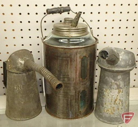 Dandy metal and glass kerosene can and (2) oil cans with spouts