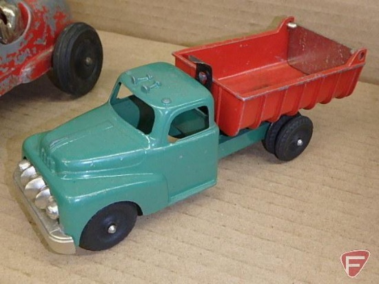 Hubley Kiddie Toy No. 5 cast race car with driver, Hubley Kiddie Toy dump truck, and