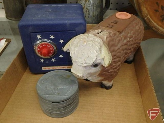 Central Trust & Savings Bank metal safe advertising coin bank, resign bull coin bank, and