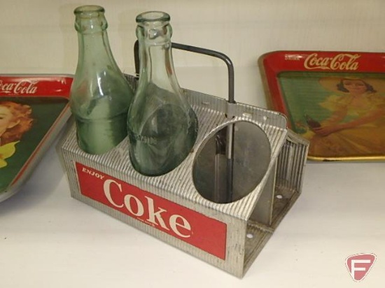 Drink Coca-Cola aluminum bottle carrier, (2) glass pop bottles, and (2) Coca-Cola metal