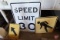 (3) highway signs: Speed Limit 30, pedestrian, and straight arrow