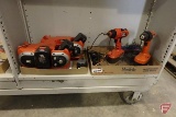 Black & Decker Fire Storm cordless 18V tools: (2) drills, (2) radio/drill holders,