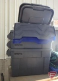 (3) Rubbermaid Brute totes with lids and (2) other totes with lids