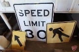 (3) highway signs: Speed Limit 30, pedestrian, and straight arrow