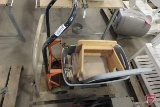 2 or 4 wheel cart, blankets, wood stool, metal folding chair, and tote with lid