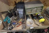 Squares, lights, radio, hardware organizer, screw drivers, flash light, slip ring pliers, and torch