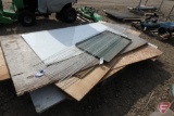 Asst. plywood, chip board, plastic panels, coated wire shelf, metal sign