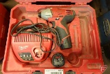 Milwaukee 12v cordless 2450-20 impact driver, (2) 12v batteries, charger, and case