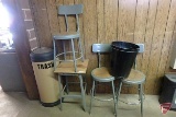 (4) shop stools, (3) trash cans
