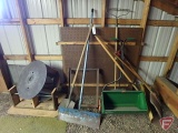 Fertilizer spreader, shovels, rakes