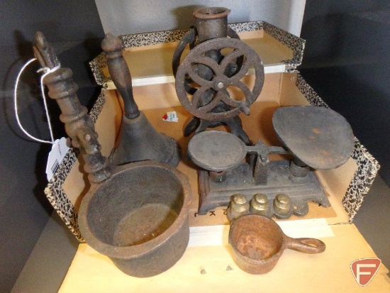 Salesman samples of vintage cast iron well pump, kettle, scale, bell, and mill