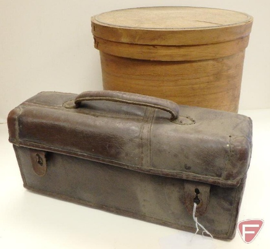 Vintage leather carrying case and wood cheese box