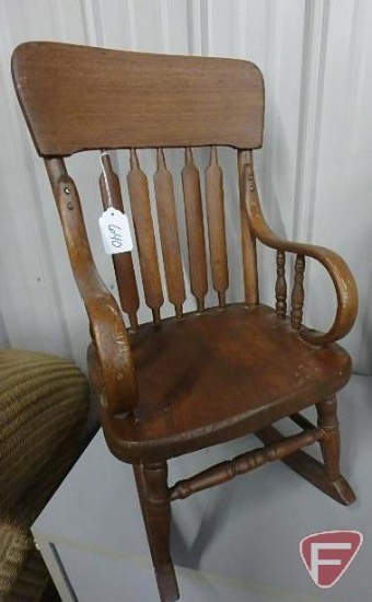 Vintage child furniture and toys, (2) wood rocking chairs, (3) wood ironing boards,