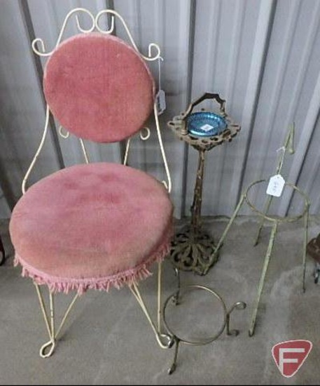 White metal vanity chair, fabric shows wear, metal standing ashtray, and (2) metal plant stands