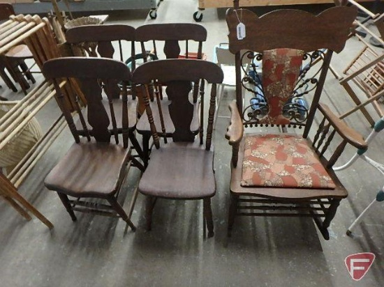 Vintage ornate back wood rocking chair with upholstered seat and back,