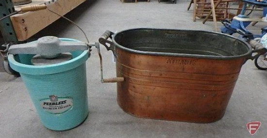 Copper tub with wood handles and Peerless Hostess Ice Cream Freezer, Both