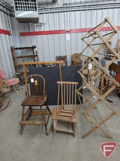 Wood items, drying rack 62inH, vintage high chair, handing rack, stool, and rack, All 5 pieces
