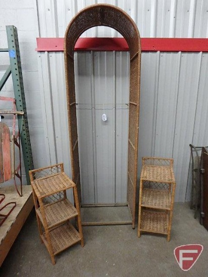 Wicker, arch/display shelf, no shelves, and (2) side stables, 3 shelf, All 3 items