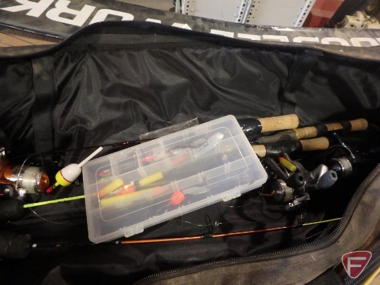Ice fishing gear: soft bag, 4 rods and reels, poly organizer, tackle, and line