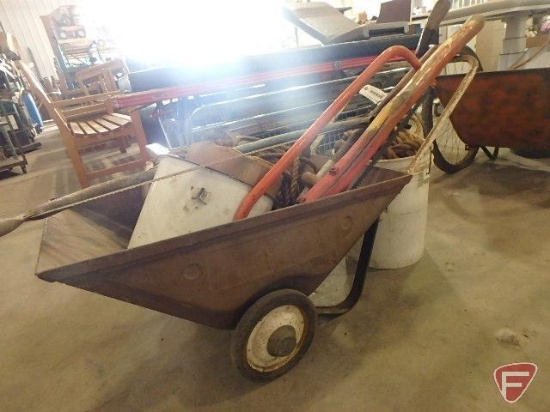 2-wheel wheelbarrow, aluminum scoop shovel, bale hook, baler twine,